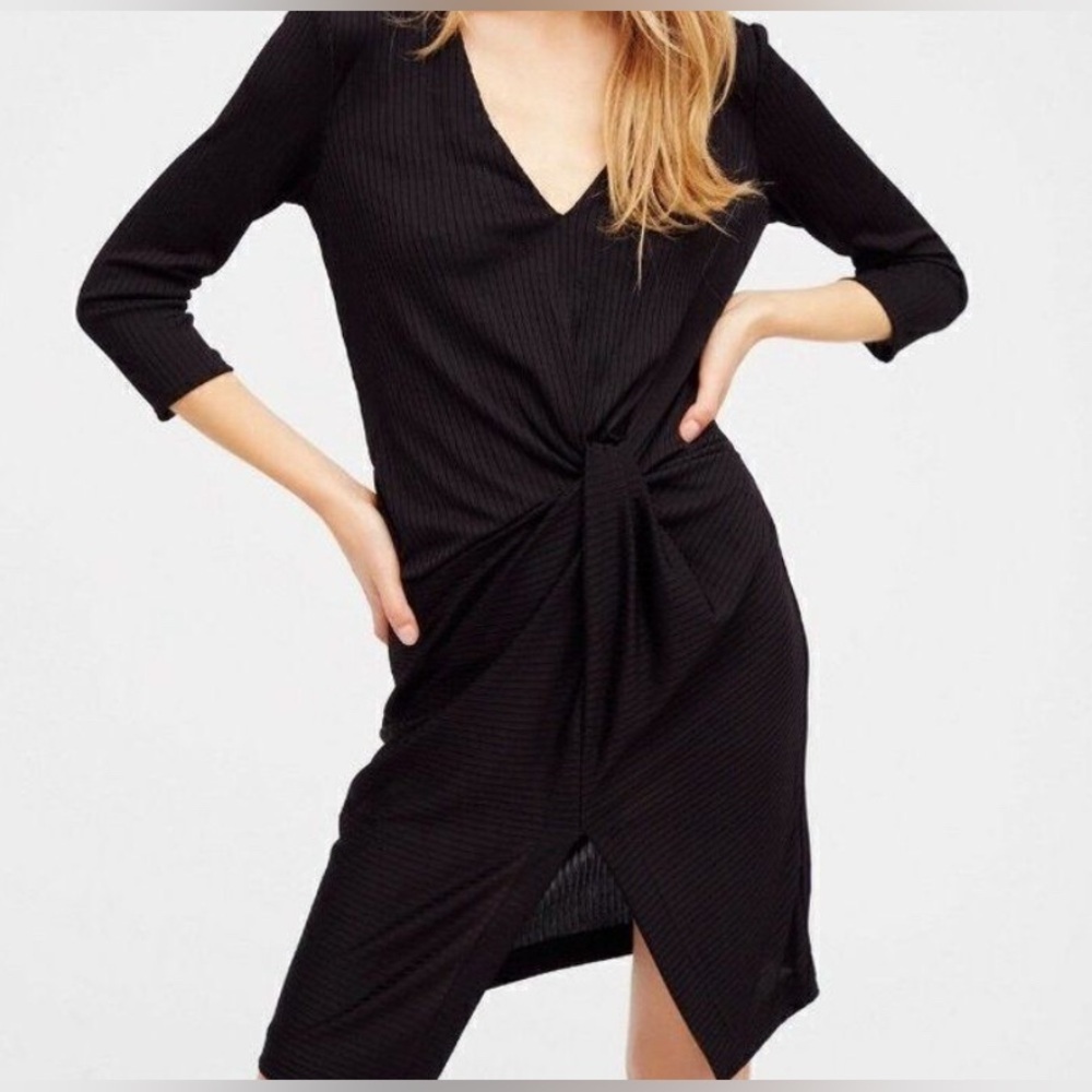 BOGO Free People Black Twist Front V-Neck Ribbed Midi Dress